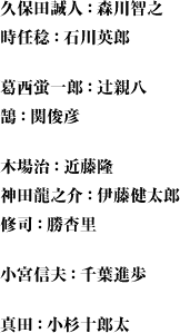 久保田誠人：森川智之
時任稔：石川英郎
葛西蛍一郎：辻親八
鵠：関俊彦
木場治：近藤隆
神田龍之介：伊藤健太郎
修司：勝杏里
小宮信夫：千葉進歩
真田：小杉十郎太